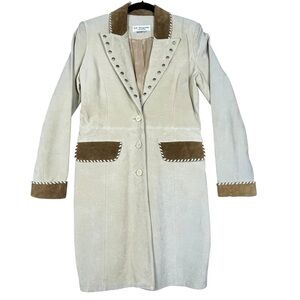Vtg Lew Margam Leather Suede Western Aspen Whipstitch Studs Mid-Length Coat-Sz 8